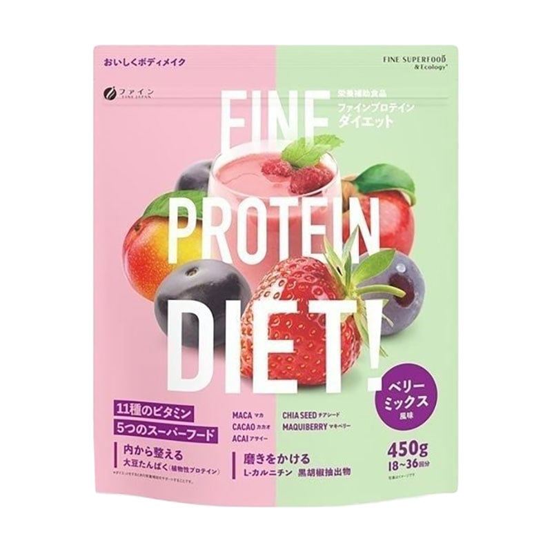 Протеїн з L-карнітином та 5 суперфудами Fine Japan Protein Diet! зі смаком ягідного міксу, 450 г